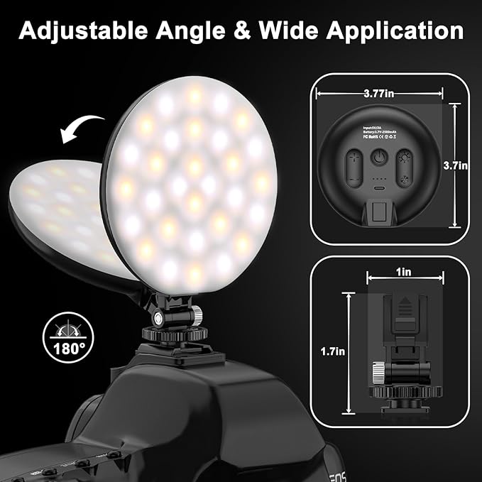 Hagibis LED Video Light,2500mAh Rechargeable Camera Light, CRI97+ Dimmable Ring Light with Cold Shoe Mount, Portable Photography Lighting for Camera Phone Photography, Vlog Filming&TikTok Live (Black)