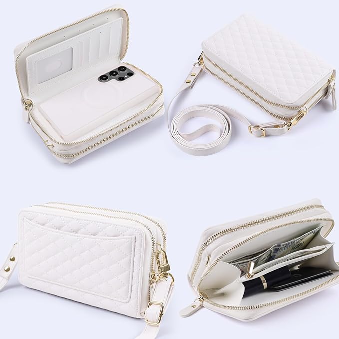 Harryshell Compatible with Samsung Galaxy S25 Ultra Case Wallet Multi Zipper Detachable Removable Cover Purse with Card Slots Holder Mirror Crossbody Strap (Compatible with Magsafe - White)