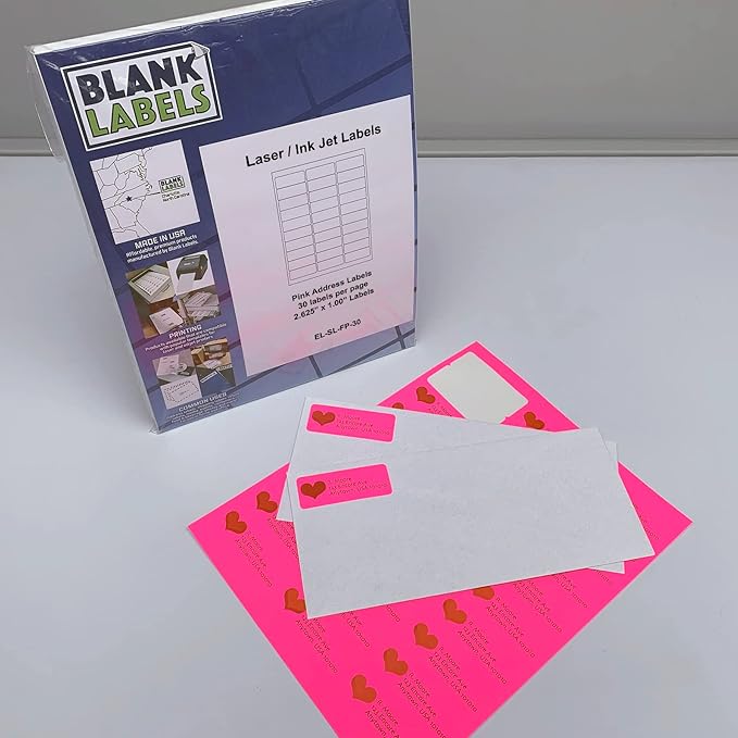 Blanks Labels Fluorescent Pink FBA & Mailing Labels from Blank Labels - 2-5/8" x 1" (2.625 x 1) - 30 Labels Per Sheet