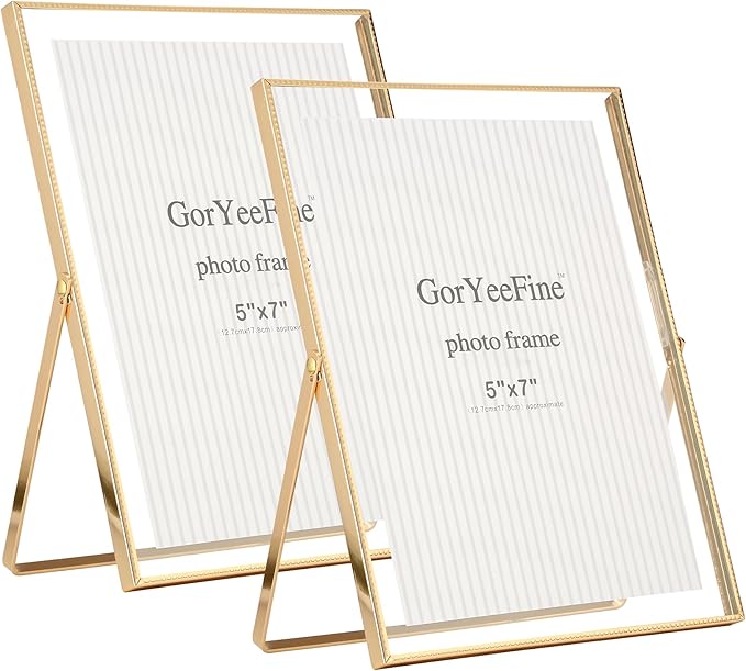 Gold 6x8''Floating Photo Frame Set of 2,For Photo Sizes (3.5x5''4x6''5x7''),Simple Metal beaded floating Picture Frames 5x7'' Gold for Tabletop/Shelf,Classy Gift Choice for Wedding,Thanksgiving