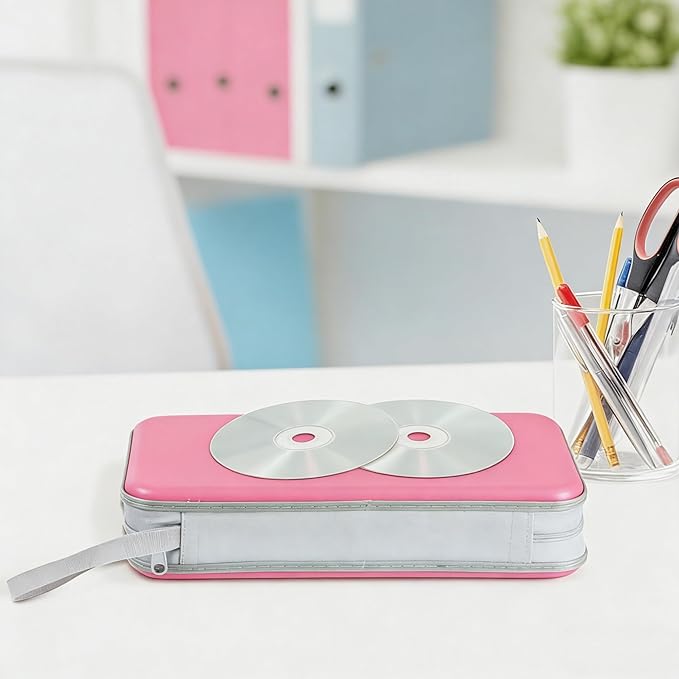 CD Case DVD Storage,100 Capacity DVD Cases Holder CD Storage Case Holders Plastic CD DVD Disc Case Storage Wallet Binder for Car Home Office Travel (1P Pink)