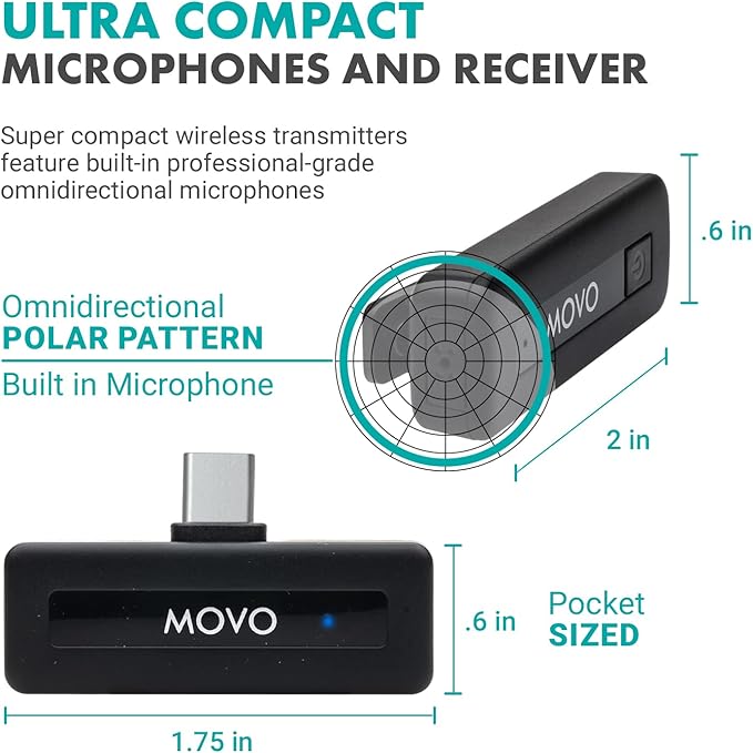 Movo Mini USB-C Duo Wireless Microphone for iPhone 15/16/17 and up - Ultracompact Microphone for iPhone 15/16/17 with Clip on Wireless Lavalier Mic