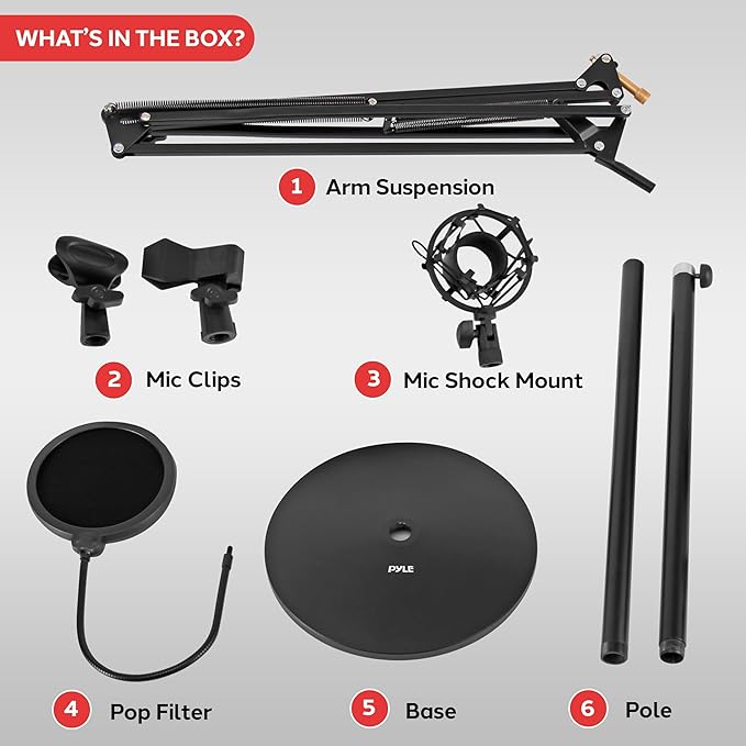 Pyle Microphone Boom Suspension Stand - Scissor Arm Mic Mount w/Shock Mount, Integrated Pop Filter, 3.1' ft. Max Extension, Suitable for Podcast Recording, Broadcasting, Streaming, Stage & Studio Use