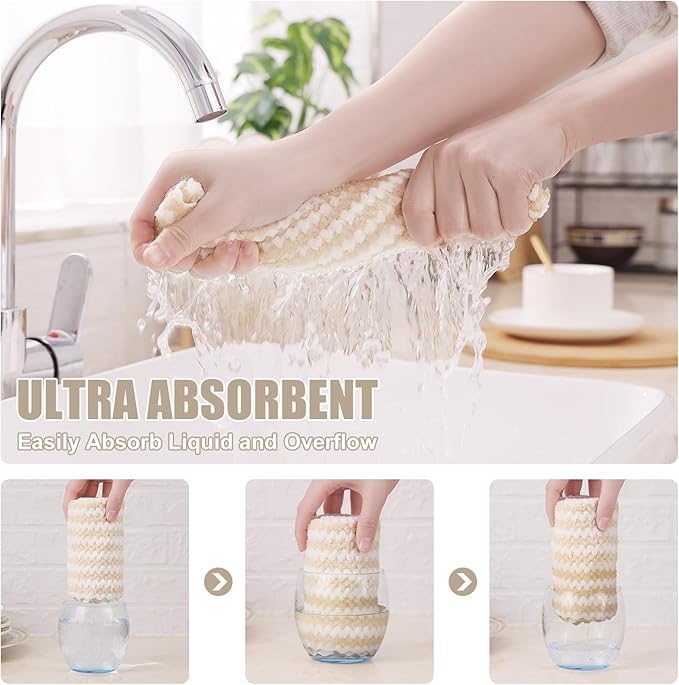 Homaxy Kitchen Towels(12 Pack, 10 x 20 inches), Ultra Soft and Absorbent Dish Towels, Reusable Fast Drying Microfiber Cleaning Cloth, Coral Velvet Wave Design No-lint, Beige