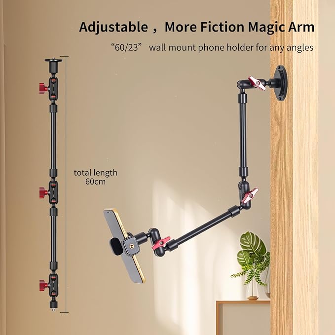 23'' Metal Base Magic Arm Phone Mount - Wall Screw-Mounted, 1LBS Load, 360° Rotatable for Live Stream/Office/Video Recording