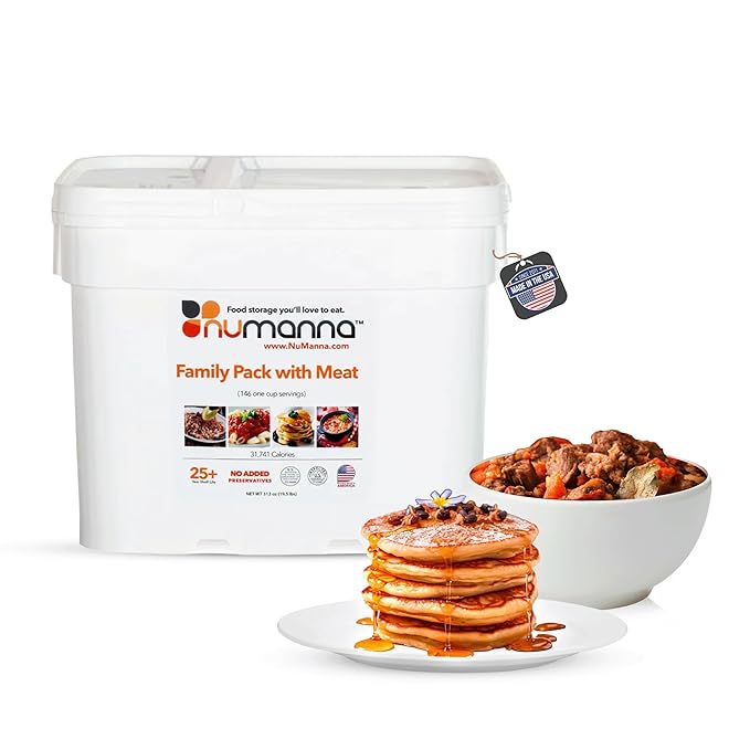 Numanna Family Pack with Meat Bucket 438 Servings | 3-Months Emergency Protein-Rich Meals | Easy to Prepare for Everyday Use, Prepping & Camping | 25+ Year Shelf Life | Made in USA | Food-Grade Bucket