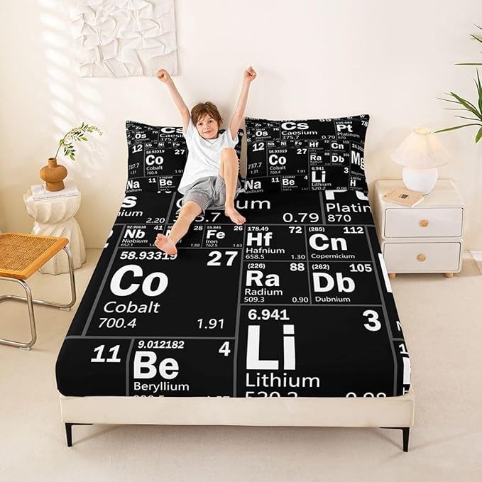 Erosebridal Chemical Periodic Table Bed Sheets Set Full for Boys Girls Teens Science Students School Educational Dorm Room Decor Sheet Set, Science Theme Sheets Chemical Subject Theme Fitted Sheet