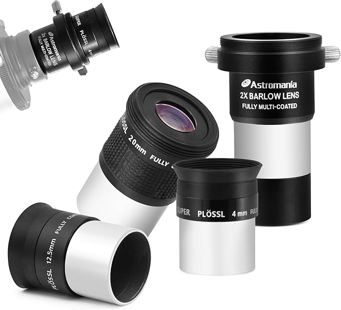 Astromania Telescope Accessory Kit with 1.25 Inch Telescope Eyepiece Set 4mm 12.5mm 20mm 52 Degree Super Plossl Eyepiece Lens and 1.25 Inch 2X Barlow Lens with T Thread Fully Multi Coated Metal