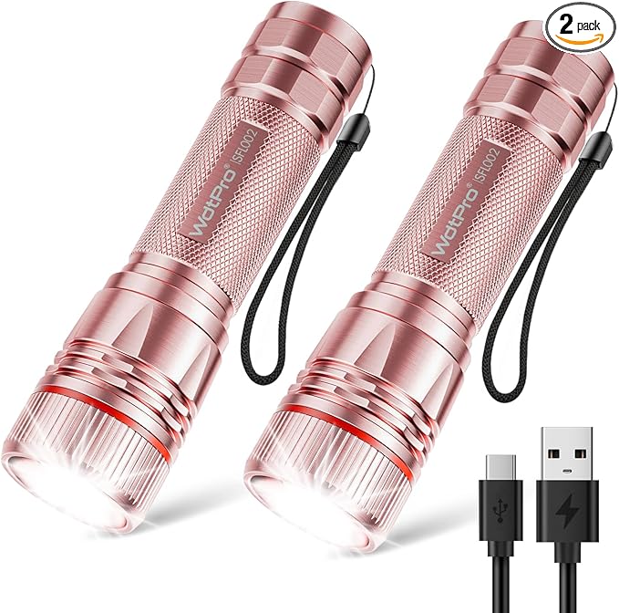 WdtPro Rechargeable Flashlights High Lumens, 2 Pack 10H Long Lasting Super Bright EDC Flashlight, LED Mini Tactical Flash Lights for Camping Emergency, Drop & Water Resistant Pink(Battery Included)