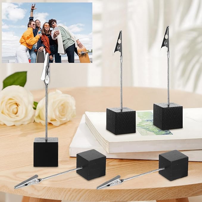 WOPPLXY 50 Pcs Place Card Holder Cube Photo Clips Holder with Alligator Clip, 4.7 x 1 Inch Table Number Holders Cube Base Memo Clips Holders for Displaying Pictures Number Card Wedding Party (Black)