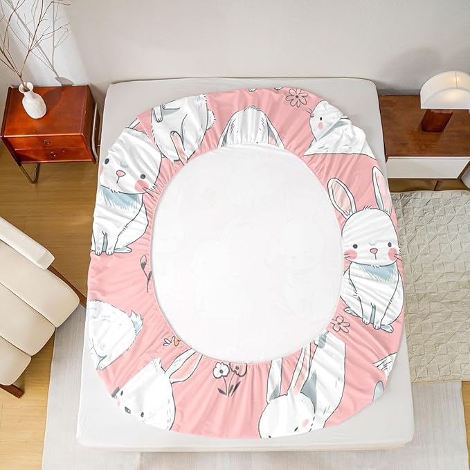 Erosebridal Cute Rabbit Sheet Set Cartoon Bunny Rabbit Pink Fitted Sheet Groovy Flowers Print Bed Sheets Easter Decor Flat Sheet for Kids Boys Girls Full Size with 2 Pillowcases