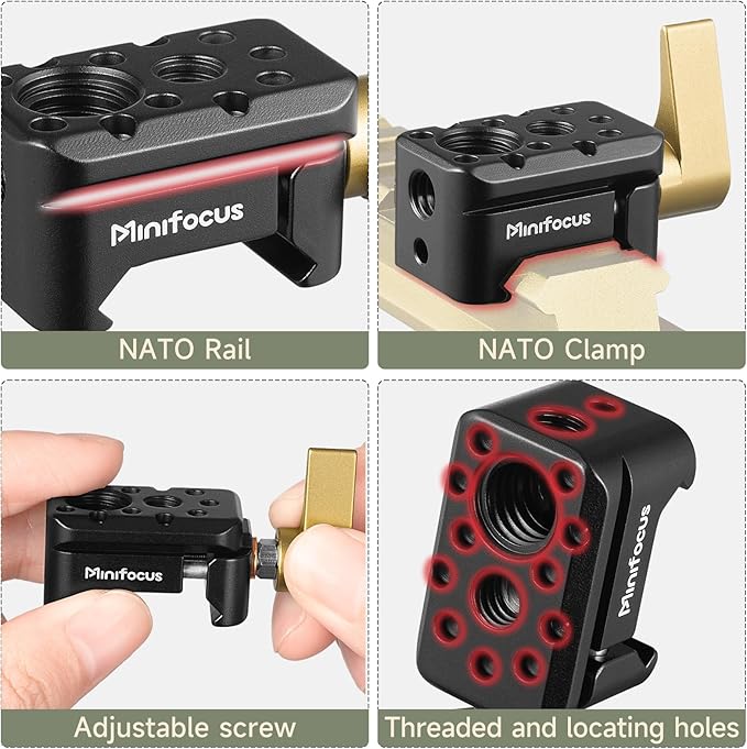 MINIFOCUS NATO Clamp, NATO Rail Lock Clamps Quick Release with 1/4" 3/8" ARRI Thread, Standard NATO Clamp for Camera Cage Friction Arm Ballhead Cold Shoe Monitor Mount