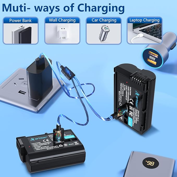 Artman EN-EL15C Battery 2-Pack 2500mAh with 2in1 USB-C Charging Cable, EN-EL15 Battery for Nikon Z8 Zf Z5 Z6 Z6 II Z7 Z7II D7000 D7200 D7500 D600 D610 D750 D780 D800 D850 D800E D810 D810A 1 V1 Cameras