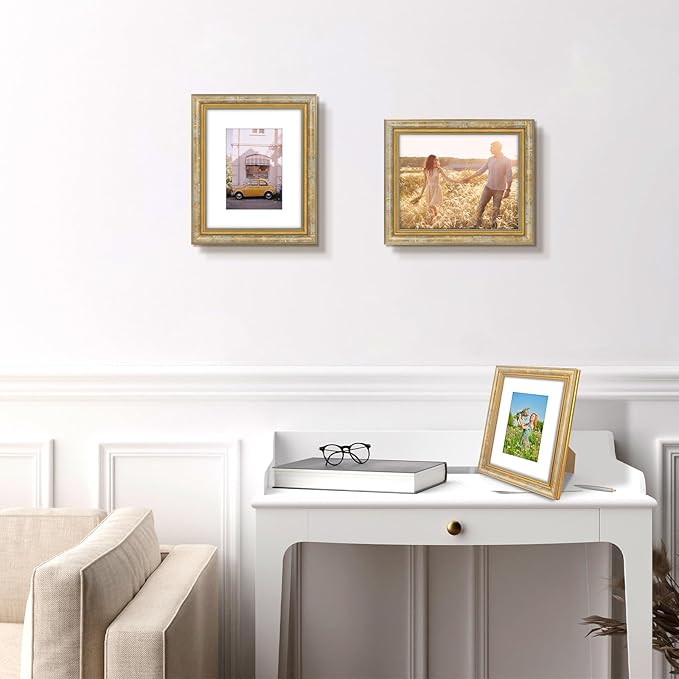 Golden State Art,8x10 Ornate Picture Frame for 5x7 Photo with Mat or 8 x 10 Prints without Mat, Real Glass Wall & Tabletop Display Horizontally or Vertically (Color:Vintage Gold)