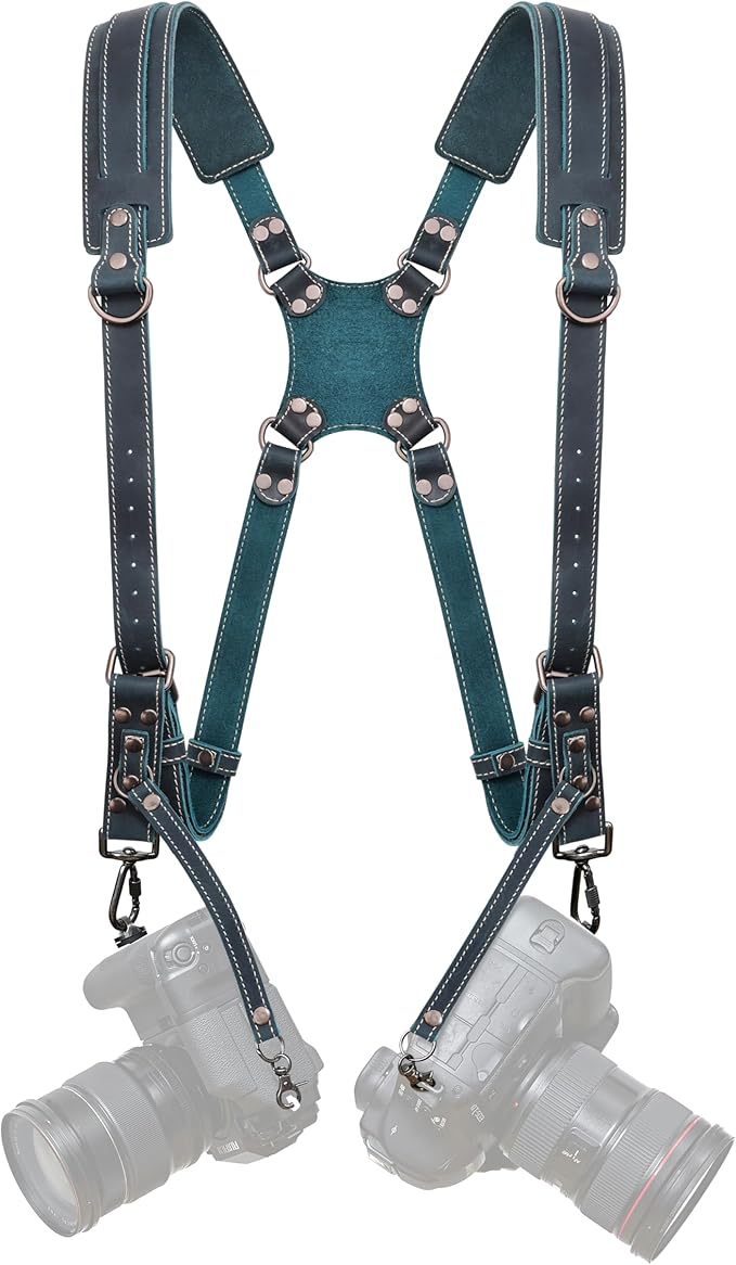 Padwa Lifestyle Dark Green Dual Camera Harness Strap for Two Cameras - Double Shoulder Full Grain Leather Harness,Multi Double Camera Gear with Thick Padded,Double Camera Harness for Photographers