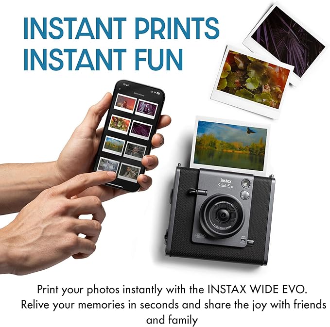 Fujifilm Instax Wide Evo Hybrid Instant Film Camera Bundle with Compatible Carrying Case + 32GB Memory Card + Cleaning Cloth + More