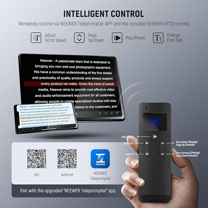 Neewer Teleprompter X14 III with RT113 Remote/App Control, 45° Tilt 14" Beamsplitter All Metal Frame Upgraded Camera Mount QR Plate Compatible with Manfrotto 501PL for iPhone iPad DSLR, Assembly Free