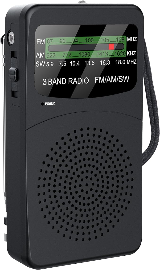 FM AM SW Back Clip Pocket Radio, Battery Operated Mini Radios, Portable Shortwave Transistor Radio with Emergency LED Flashlight & Headphone Jack for Elder/Kids