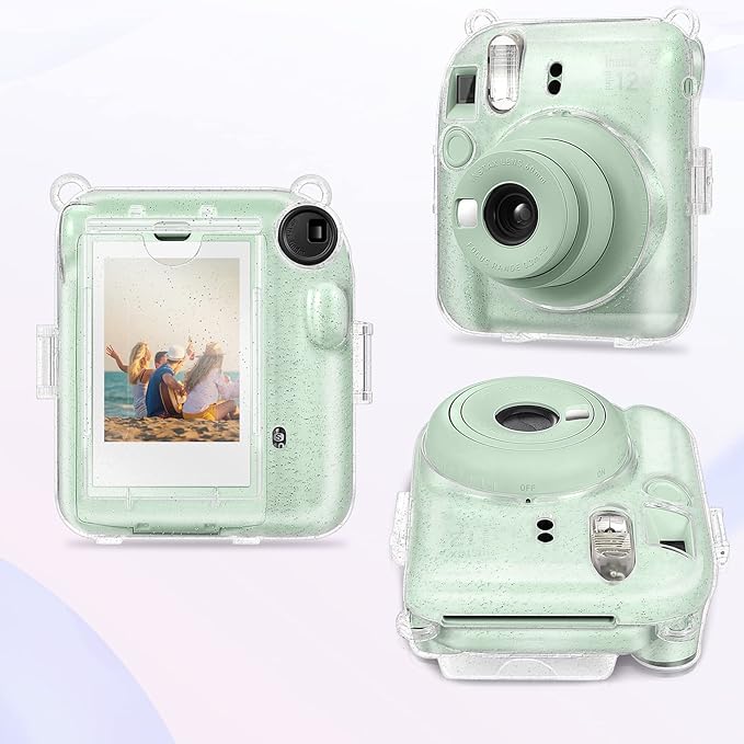 Fintie Protective Clear Case for Fujifilm Instax Mini 12 Instant Camera - Crystal Hard Shell Cover with Upgraded Film Pocket for Storing Photos & Removable Shoulder Strap