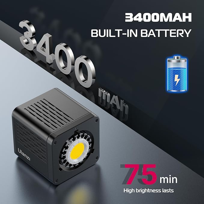 ULANZI 40W Pro Portable LED Video Light with DC Power Adapter, 3400mAh Build-in Battery Metal Mini Dual Color Temperature COB Continuous Output Lighting Handheld Spotlight 2500K-6500K for Video