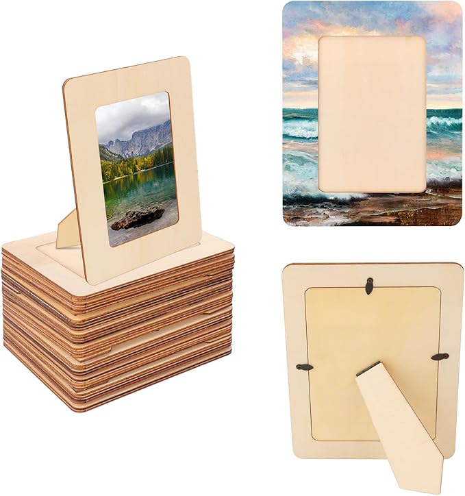 kukmakri 30 PCS Unfinished Wooden Picture Frames Set with 4.72 x 6.81 inch Photos, Wooden Frames for Crafts, Standing Postcard & Photos Picture Frame Set –Suitable for Crafts DIY, Souvenir Decoration