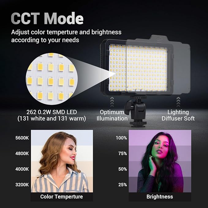 Tolifo PT-F260B on Camera Video Light, 26W Bi-Color Photography Lighting for DSLR Camera Camcorder with Battery and Charger, LED Panel Dimmable with 5 Color Filter Hot Shoe
