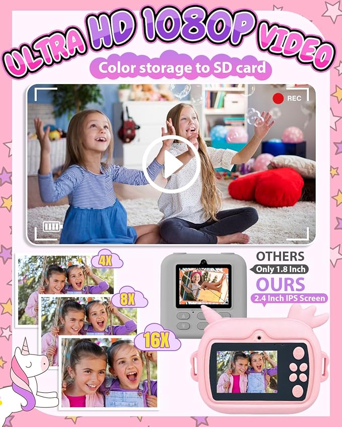 Kids Camera Instant Print, 1080P Kids Instant Cameras with Photo Printing and Fun Learning, Christmas Stuffers Birthday Gifts for Girls Age 3-12, Portable Toy for 3 4 5 6 7 8 9 10 Girls Boys, Pink