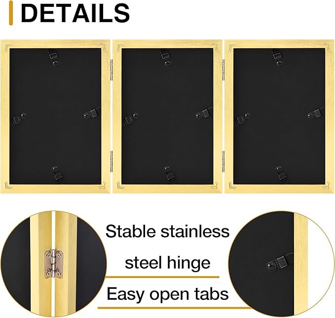 decorUhome Triple 4x6 Picture Frame Vertical, Engineered Wood Trifold Photo Frame with Plexiglass for Tabletop Display, 4x6, Gold