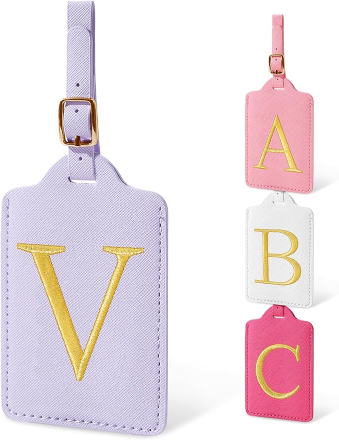 Unique Initial Letter Luggage Tags for Suitcases, Monogrammed Suitcase Luggage Identifier Tag,PU Leather TSA Approved Luggage Tags,Bag Tags for Men Women Kids Luggage Baggage(Purple V)