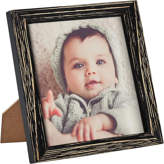 8 x 8 Picture Frame Rustic Wooden Black Square Photo Frame with Real Glass Solid Wood Horizontal & Vertical for Wall Mounting or Tabletop Display Gift Family Farmhouse Office Wedding Gallery Home Decor