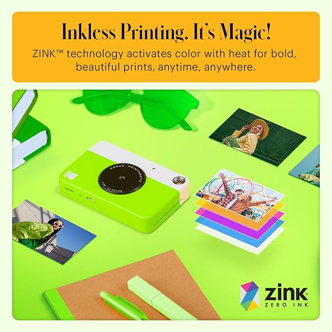 KODAK Printomatic Full-Color Instant Print Digital Camera - Colorful Photos On Zink 2x3" Sticky-Back Photo Paper - 5MP, Portable, Creative Fun Gift for Birthday, Christmas, Holiday - Green