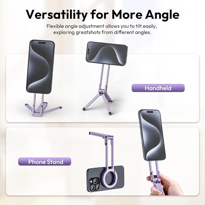 ULANZI MA30 Magnetic Phone Tripod Stand for iPhone, Aluminium Maglock Smartphone Mini Tripod Pocket Cell Phone Stand Strong Magnet Compatible with iPhone 17 16 15 14 13 12 Series, Lavender