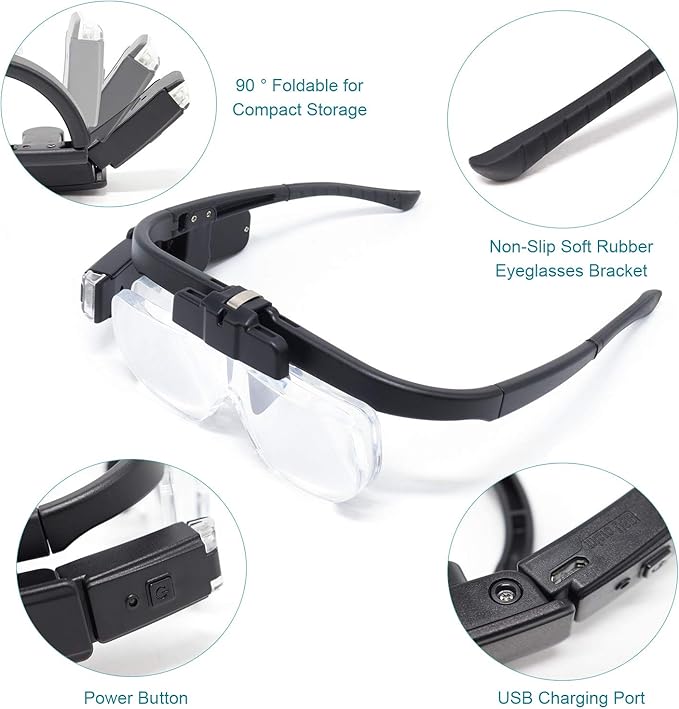 LED Head Mount Magnifier Glasses with 3 Detachable Lenses 2 Led Professional Jeweler Loupe Light USB Rechargeable Hands Free Headband Magnifying Glass for Reading Watch & Electronic Repair Sewing