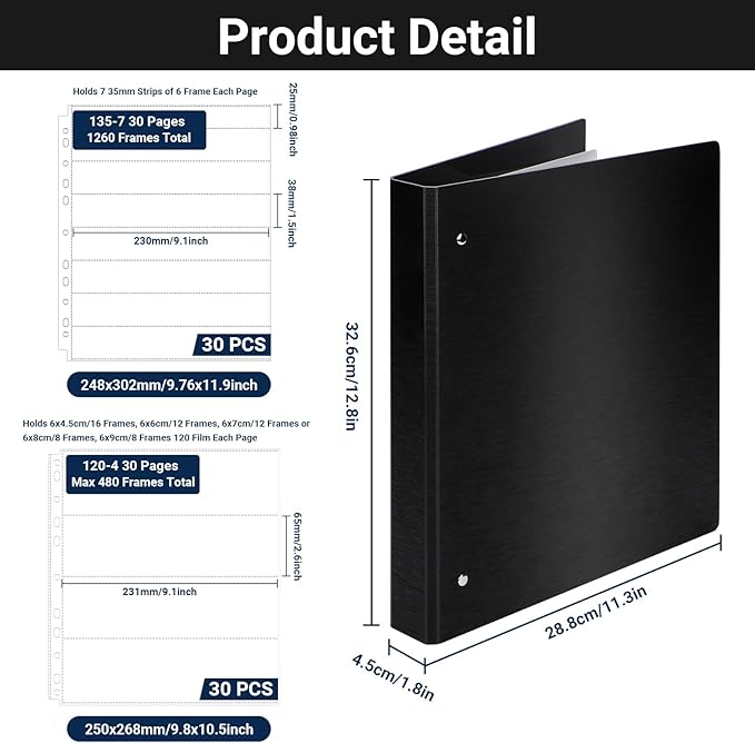 ENPOINT Acid Free Film Negative Binder, 3 Ring Binder with 30 Pack 35mm Negative Sleeves and 30 Pack 120 Film Sleeves