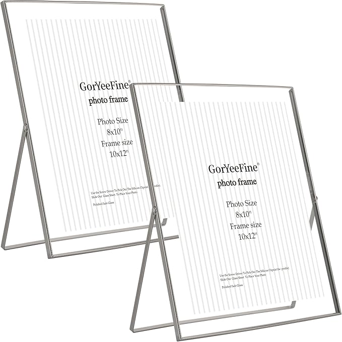 Silver 10x12'' Floating Frame 2pack For Photo Sizes(8.5x11'',7x9'',8x10''),Beautiful Metal Beaded Edge 8x10'' Floating Picture Frames,Adjustable Tabletop/Shelf Photo Frame