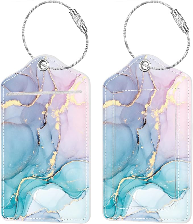 (Set of 2) Luggage Tag Leather Privacy Cover ID Label Address Card with Stainless Steel Loop, Travel Bag Tags Suitcase Labels, Powder Blue