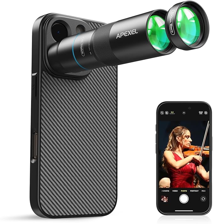 APEXEL 10X Tele-Macro Pro Dual Lens 2-in-1, Portable Clip-On Telephoto Macro Lens for 16 pro, Pro Photography for Travel, Concert, Exploration