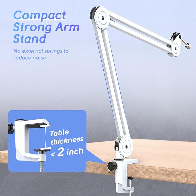 FIFINE Microphone Boom Arm Stand, Metal Heavy Duty Mic Stand, Scissor Suspension Adjustable Boom Arm for Podcast Recording Streaming Gaming, with Desk Clamp, 5/8" Screw, Cable Ties-BM63 White