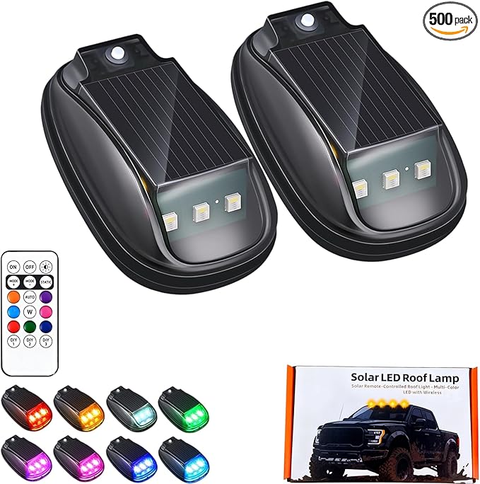 2026 New Solar Car Roof RGB Strobe Light with Remote Control, Waterproof Interior Car Lights 8 Colors Wireless LED Strobe Lights for Trucks, Motorcycle, Vehicle, Night Driving (2pcs)
