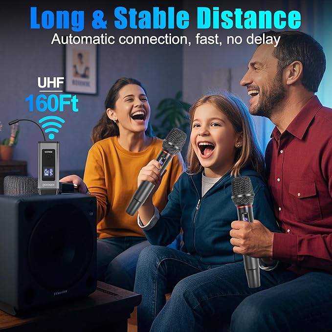 Dual UHF Wireless Microphone System 2 Packs – Metal Mics with Rechargeable Receiver, 15-Channel Interference-Free Audio, Plug & Play for PA Systems, Speakers, Parties, DJs, Weddings & Church