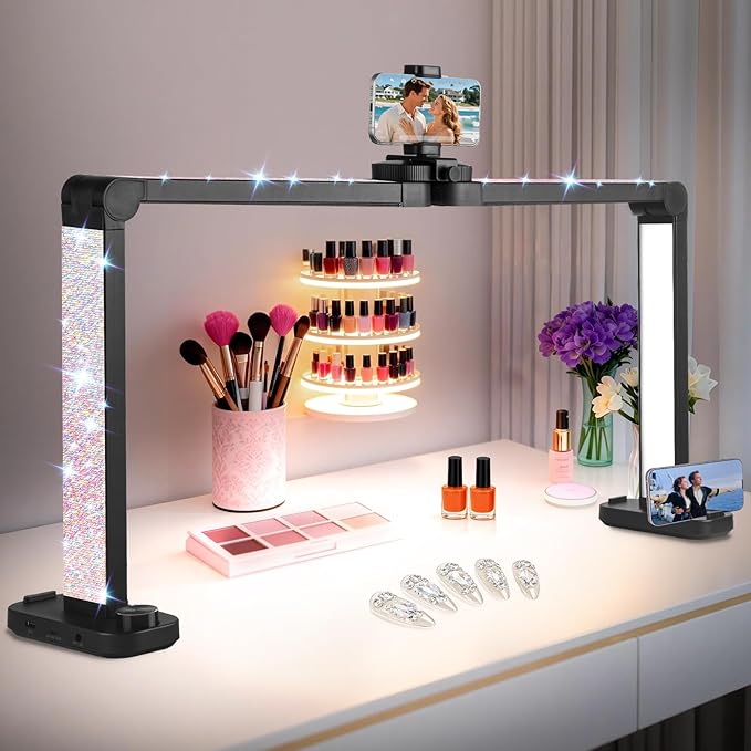 KIRKAS 34IN Nail Tech Lamp for Desk, 456 LEDs 3 Color Modes Infinitely Knob Foldable Half Moon Nail Light with Phone Holder Charging Function, Arch Lamp for Eyelash Extension, Tattoo, (Diamond, Large)