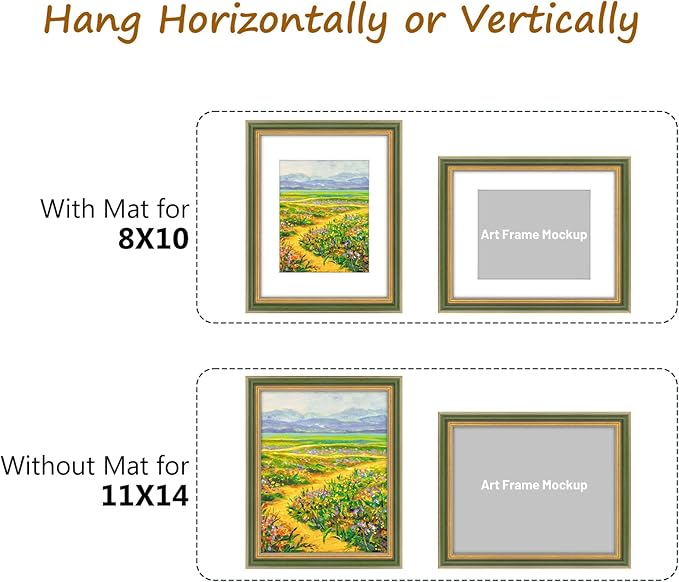 Golden State Art,11x14 Ornate Picture Frame for 8x10 Photo with Mat or 11 x 14 Prints Without Mat, Real Glass Wall Display Horizontally or Vertically (Color:Green Gold)