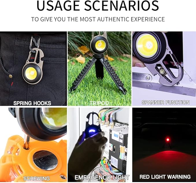 BY-J Cob Mini Flashlight Keychain Light, 500 Lumens Bright Rechargeable, Small Multi-Function Work Light, 7 Modes Portable Pocket Light Battery Display Bottle Opener for Camping Emergency Lighting