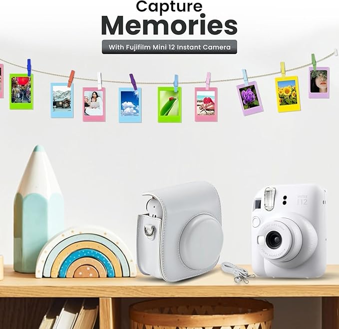 Fujifilm Instant Mini 12 Camera + Accessory Bundle & Custom Case + Fuji Instant (20 Shots) Designer Mini Photo Album (60 Pockets) (Clay White)