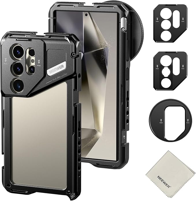 Neewer S24 Ultra Phone Cage with 67mm Filter Adapter, 17mm Lens Backplate, T Mount Lens Adapter, Cleaning Cloth, Smartphone Video Rig Stabilizer Compatible with Samsung Moment T Series Lenses, PA042