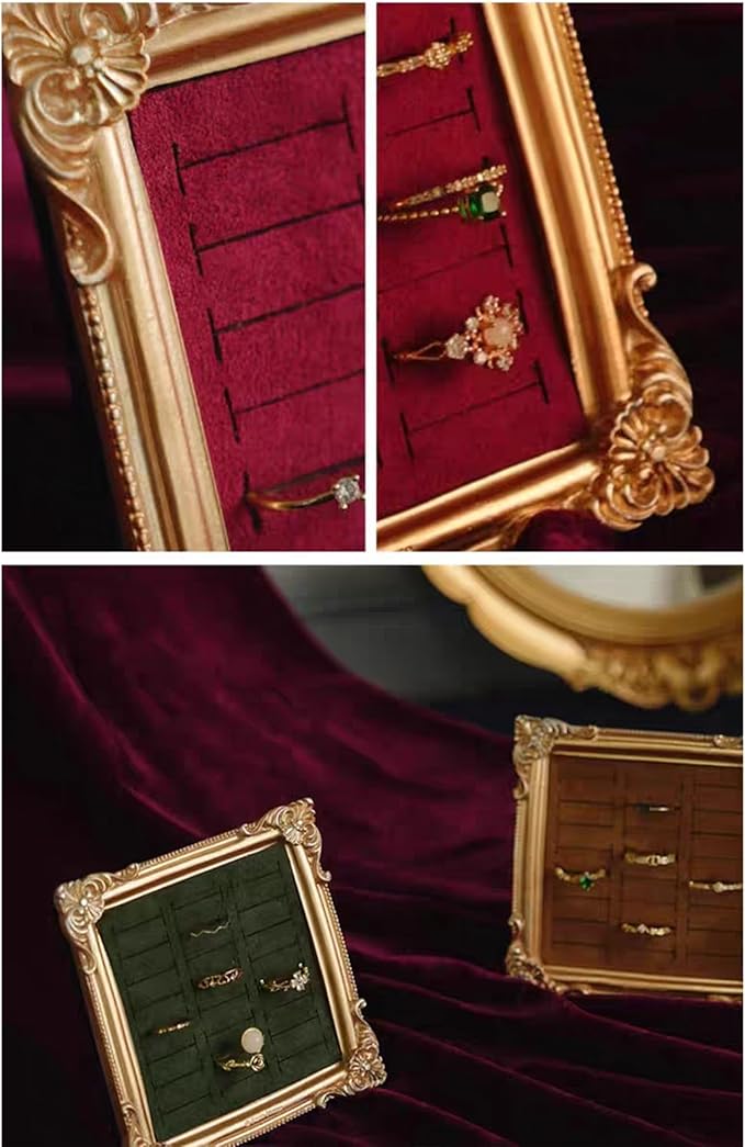 2PCS Jewelry Display Stand Vintage Ring Holder Box Earring Tray Retro Picture Frame Style Ring OrganizerJewelry Frame with Velvet