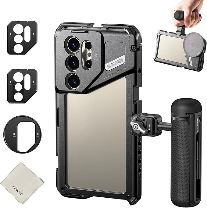 NEEWER S24 Ultra Phone Cage Stabilizer with Side Handle, 67mm Filter Adapter, 17mm Lens Backplate, T Mount Lens Adapter, Cleaning Cloth, Compatible with Samsung Moment T Series Lenses, PA042+PA045S