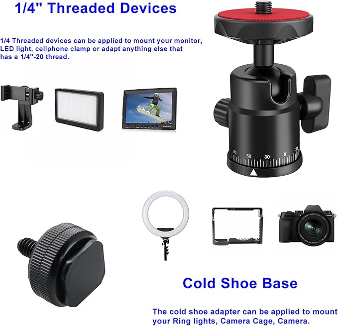 Universal 1/4" Swivel Mini Ball Head Screw Tripod Mount with Hot Shoe Mount, EszkozTA 360° Panoramic Rotating Mount Base Adapter for DSLR Cameras HTC Vive Tripods Monopods Light Stand