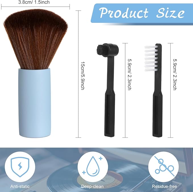 3 Pcs Vinyl Record Cleaning Brush Wooden Anti Static Dust Record Vinyl Cleaner Kit Player Accessories Gift for Music Lovers(Blue)