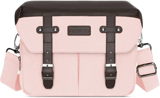 MOSISO Camera Case Crossbody Shoulder Messenger Bag, DSLR/SLR/Mirrorless Photography Vintage PU Leather Flap Gadget Bag with Rain Cover Compatible with Canon/Nikon/Sony Camera and Lens, Pink